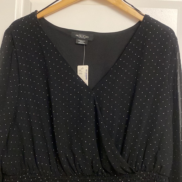 Michel Studio Long sleeve cocktail dress. High-low hem. Silver stamp pattern. 18 - Picture 2 of 5